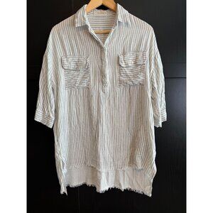 The Nines Women's Pullover Distressed Hem Tunic Blouse Medium 3/4 Sleeves Stripe